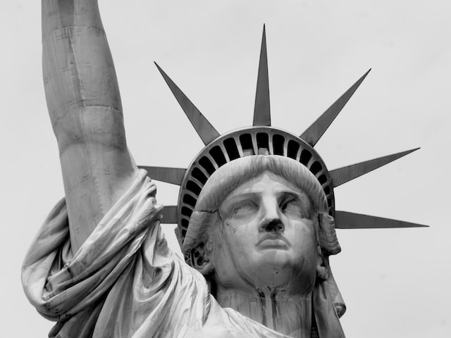 close up of statue of liberty black and white